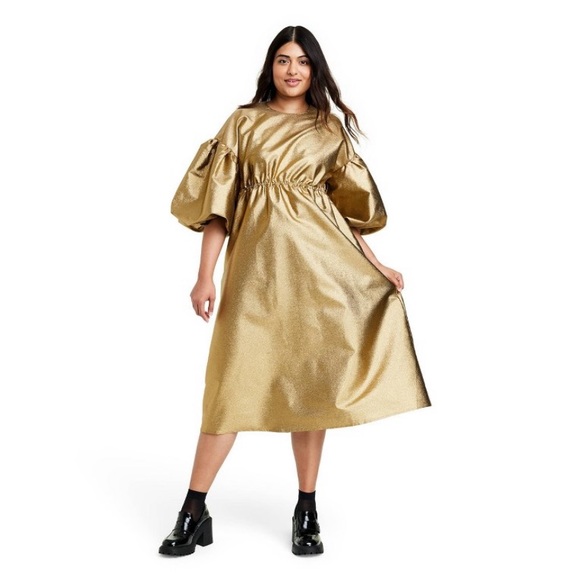 🔖 KIKA VARGAS x Target Women's Puff Sleeve Scallop Back Midi Dress - Gold - Picture 6 of 15